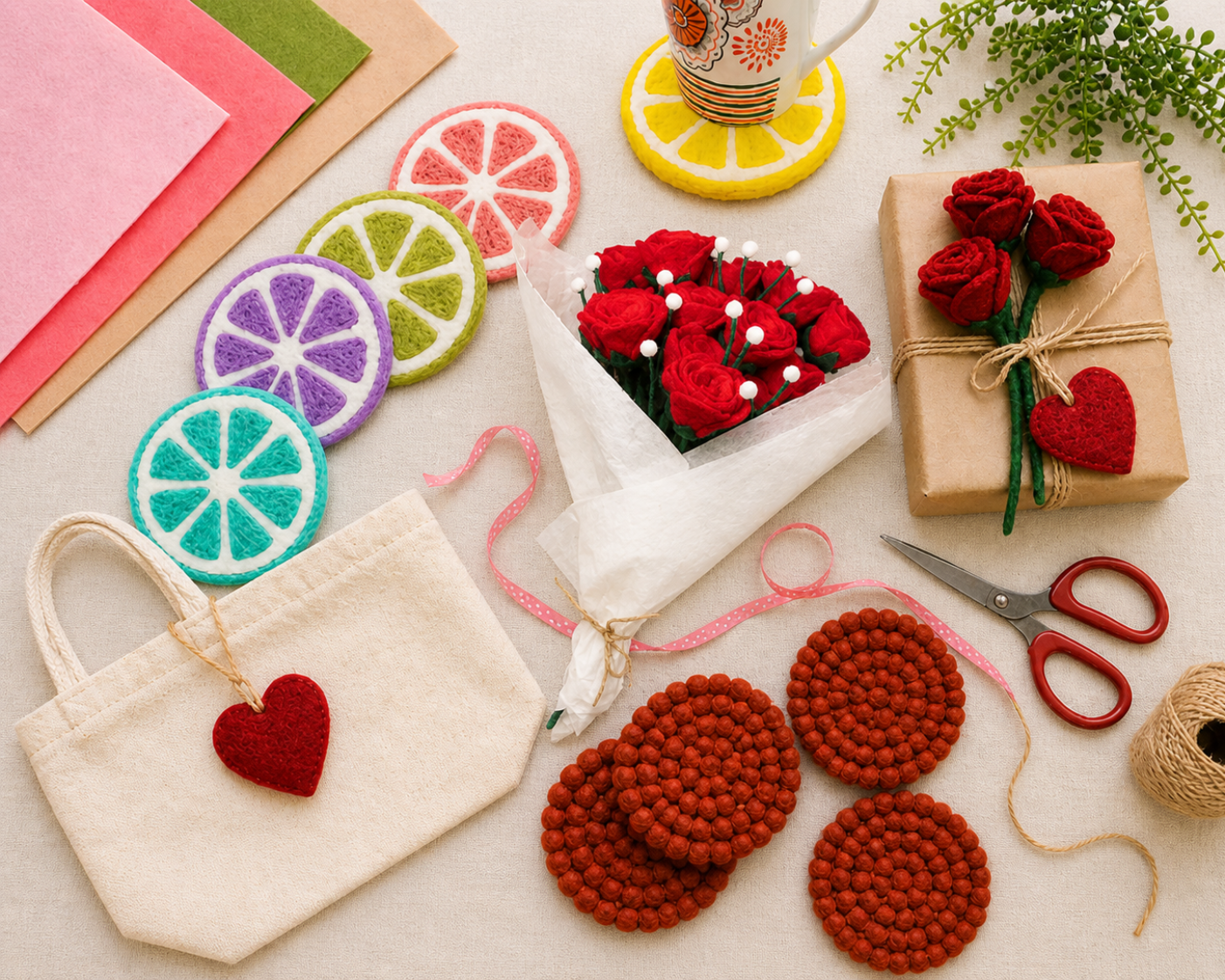 A bright flat lay of handmade felt gifts including flowers, coasters, heart ornaments, and gift tags